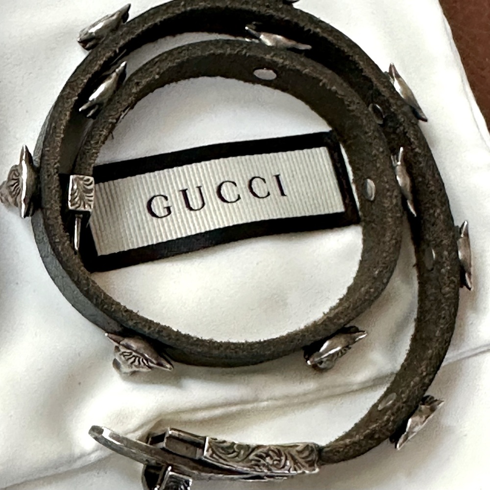 Gucci sterling silver anger forest bull head black leather choker/ double wrap - Picture 5 of 15